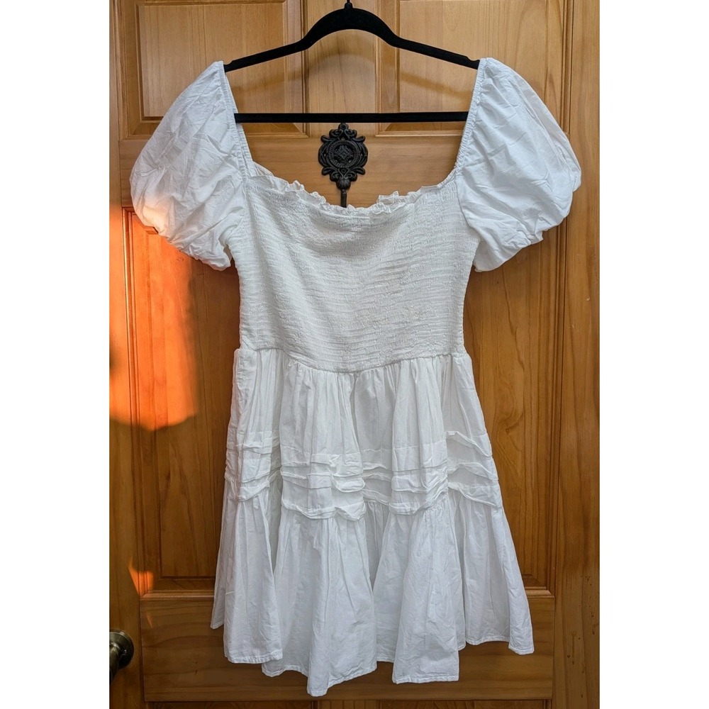 B. Darlin Women's Dress 13/14 White Milk Maid Lined Smocked Short Puffy Sleeves